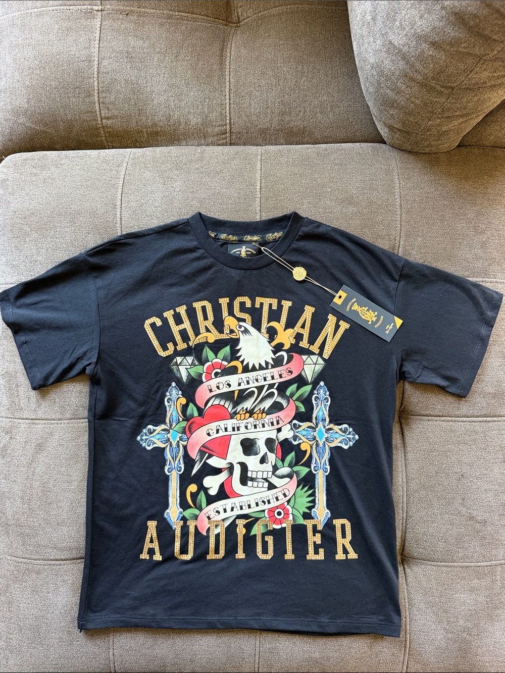 Christian Audigier Black Short-Sleeve Tee with Multi-Color Skull Graphic